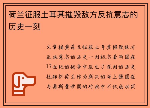 荷兰征服土耳其摧毁敌方反抗意志的历史一刻