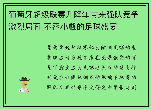 葡萄牙超级联赛升降年带来强队竞争激烈局面 不容小觑的足球盛宴