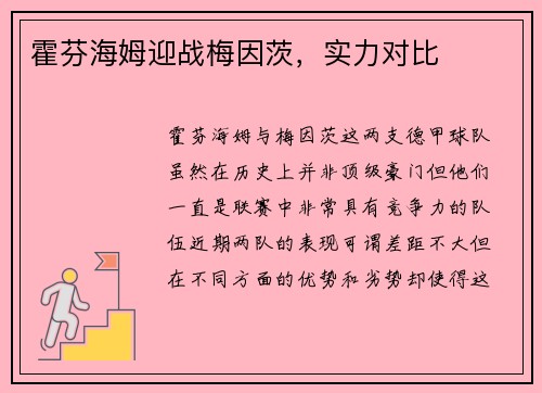 霍芬海姆迎战梅因茨，实力对比
