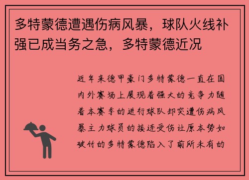 多特蒙德遭遇伤病风暴，球队火线补强已成当务之急，多特蒙德近况