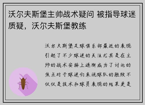 沃尔夫斯堡主帅战术疑问 被指导球迷质疑，沃尔夫斯堡教练
