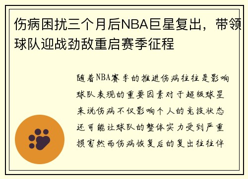 伤病困扰三个月后NBA巨星复出，带领球队迎战劲敌重启赛季征程
